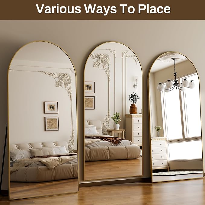 HARRITPURE 71"x30" Arched Full Length Mirror Free Standing Leaning Hanging Mounted Mirrors Aluminum Frame Modern Simple Home Decor for Living Room Bedroom Cloakroom, Gold