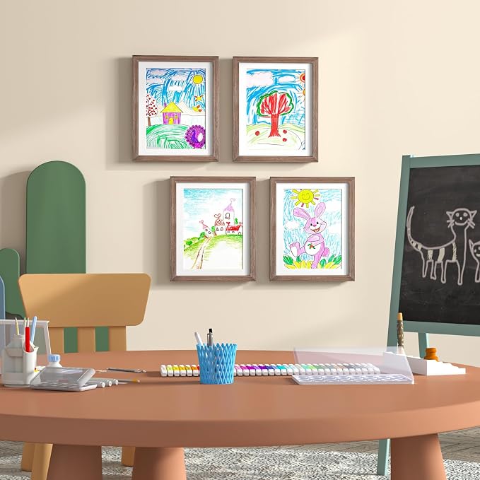 KINLINK 10x12.5 Kids Art Frame 2 Pack, Solid Wood Artwork Frames Changeable, Front Opening Hold 150 Pictures, Art Frames for Kids Artwork, 8.5x11 with Mat 10x12.5 without Mat, Picture Frames Brown Wood