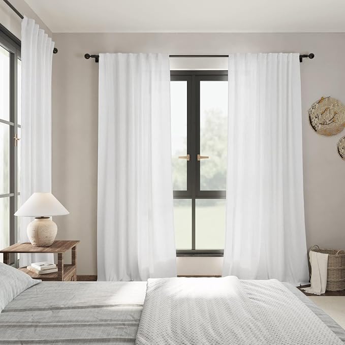 Nanspring White Linen Curtains 98 Inches Long 2 Panels Set Back Tab Rod Pocket Semi Sheer Light Filtering Long Curtains Faux Linen Textured Elegant Draps for Living Room Bedroom Dining Room 52x98