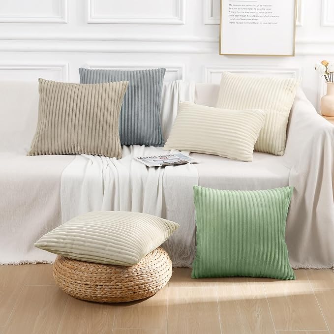 Simmore Decorative Fall Throw Pillow Covers 18x18 Set of 2, Soft Natural Plush Flannel Double-Sided Fluffy Couch Pillow Covers for Sofa Living Room, Khaki
