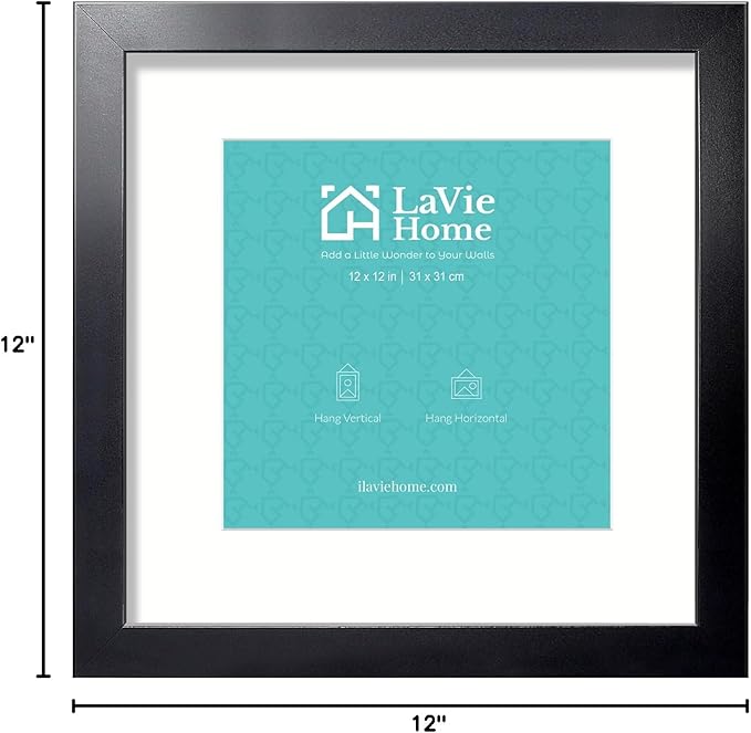 LaVie Home 12x12 Picture Frame Black Poster Frame,Display Pictures 8x8 with Mat or 12x12 Without Mat, Stable and Sturdy Frame and Polished Plexiglass, Horizontal and Vertical Format of The Walls