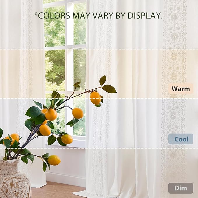 jinchan Weslie White Curtains for Bedroom Boho Vintage Floral Farmhouse Curtains 96 Inches Long Lined Linen Drapes for Living Room Embroidered Drapes Off White 2 Panels