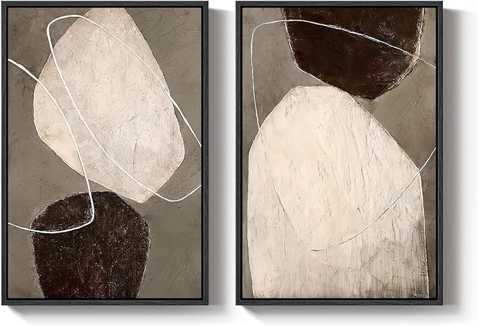 Framed Modern Abstract Wall Art for Living Room, Set of 2 Beige Brown Neutral Canvas Artwork for Walls, Large Contemporary Wabi Sabi Minimalist Painting Print for Hallway Bedroom Wall Decor, 24x36 In