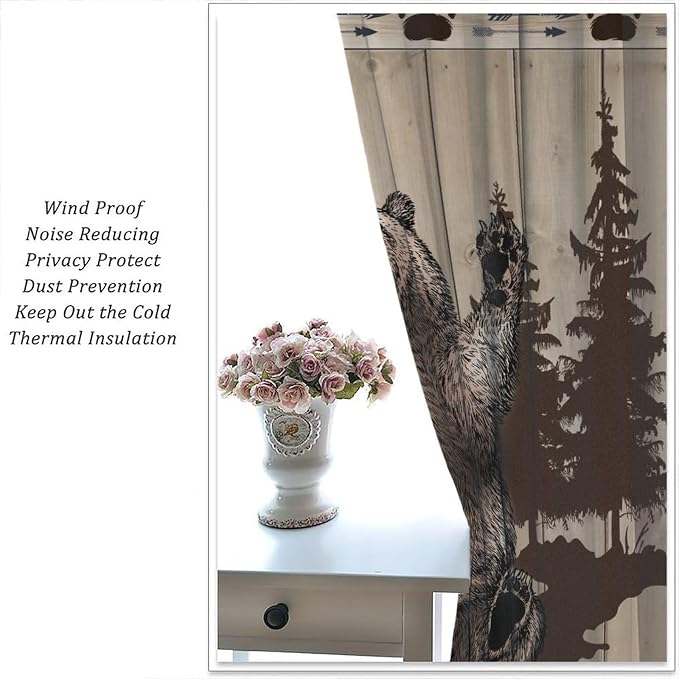 Bear Hunting Curtains Country Farmhouse Vintage Hunting Lodge Wildlife Funny Bear Wildlife Windows Treatments Rod Pocket for Kitchen Living Room Bedroom 42x45in(No Blackout)