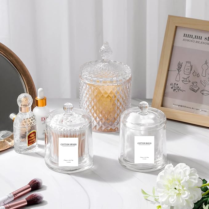 rejomiik Qtip Holder Thick Glass Apothecary Jars with Lid for Bathroom Accessories Vanity Organizers and Makeup Storage for Cotton Ball, Swabs, Makeup Sponges, Candy, Jewelry, Clear