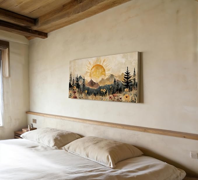 ZAWUDVC Large Boho Mountain Sun Wall Art, Vintage Nature Landscape Canvas Print Poster, Wildflower Forest Sunrise and Sunset Wall Decor for Living Room Bedroom, Rustic Home Decoration,