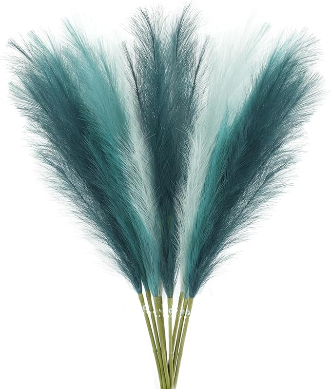 Agusbagli 8 Pcs Teal Blue Faux Pampas Grass Decor 35” Fluffy Tall Artificial Colored Pampas Grass Blue Fake Pompous Grass Stems Large Flower Arrangement Floor Vase Filler for Home Wedding Boho Decor