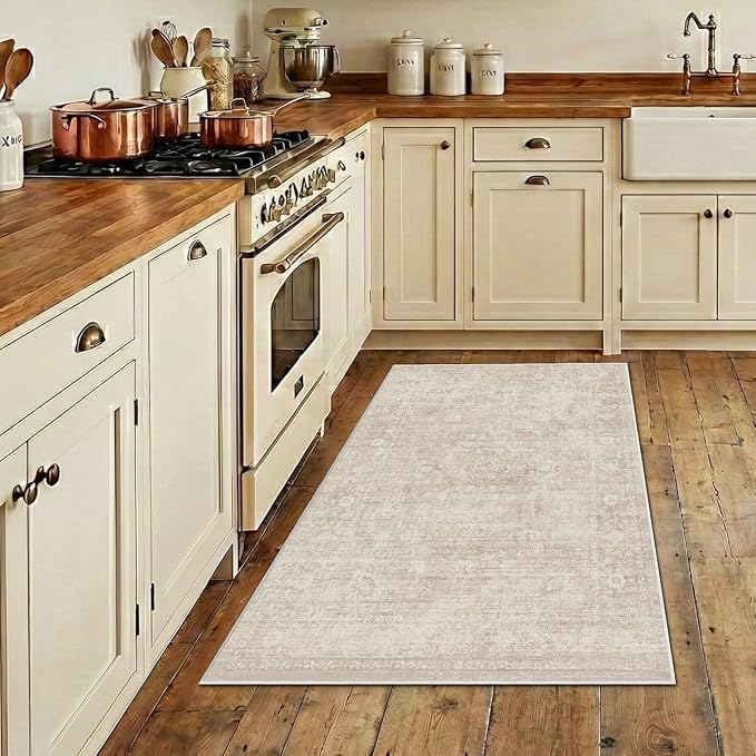 Homemate Washable Rug 3x5 Area Rugs - Vintage Faux Wool Rugs for Living Room Bedroom Dining Room - Non Slip Foldable Carpet Indoor Area Rug for Home Decor(3'x5', Beige