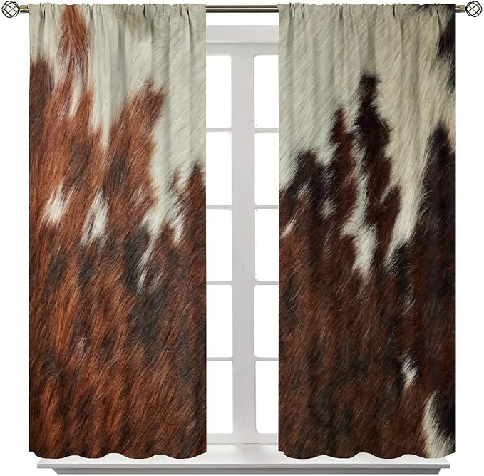 Cowhide Blackout Curtain, Rustic Western Cow Fur Skin Print Brown White Animal Print Curtains Rod Pocket Window Treatments 2 Panels Drapes for Kitchen Bedroom Living Room Offiec Decor 63"W X 63"L