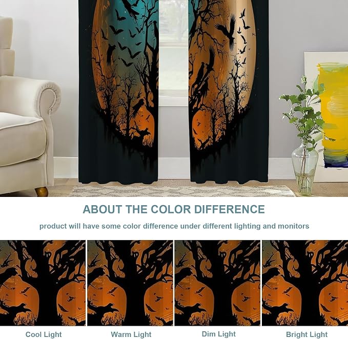 Shrahala Happy Halloween Funny Thermal Insulated Blackout Window Curtains, Yellowish Blue Moon Trees Bird Long Drapes for Bedroom/Living Room with Plastic Grommet, 52X84 Set of 2