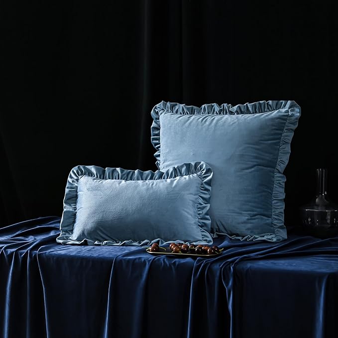 ISAENNE Classic Port Gray Square Throw Pillow Covers 18"x18" Set of 2, Solid Color Farmhouse Velvet Decoration Pillow Cover with Ruffles,Throw Pillow Case for Couch Sofa Bed Living Room Car