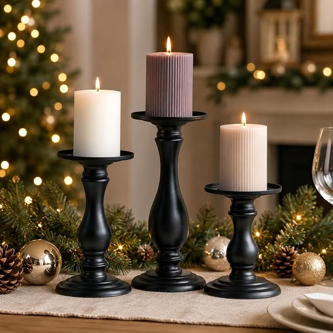 Matte Black Pillar Candle Holders Set of 3, 6/8/10 Inch Metal Stands for 3 or 4 Inch Pillars, Fireplace Mantel Table Centerpiece, Rustic Farmhouse Wedding Decor