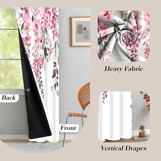 Pink Watercolor Floral Curtains, 42x72 inch, 2 Panels | Botanical Leaves Vine Flowers, Rustic Farmhouse Style, Blackout Window Treatment, For Bedroom Living Room