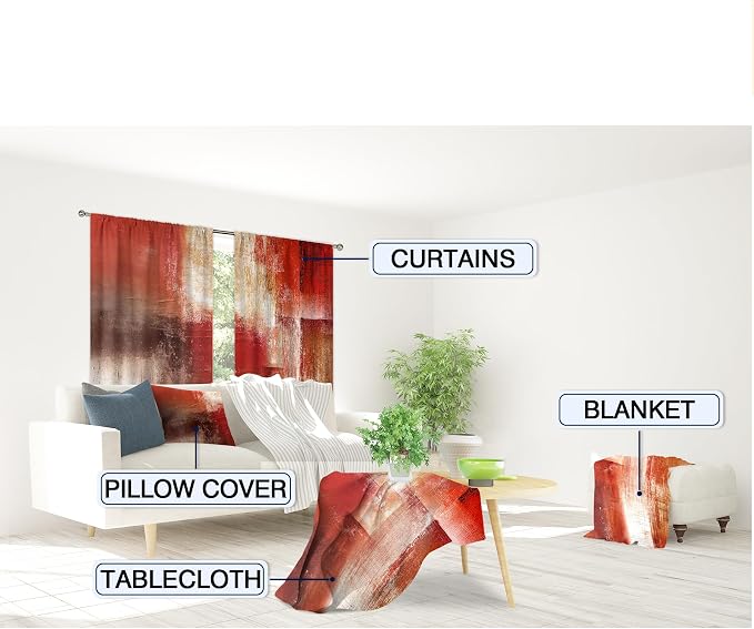 MESHELLY Abstract Red Curtains 42Wx63H Inch Rod Pocket Rustic Burgundy Brown Blocks Oil Painting Farmhouse Bedroom Window Drapes Modern Aesthetic Printed Living Room Window Treatment