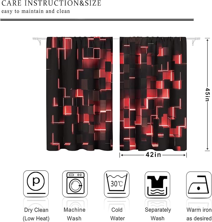MESHELLY Abstract Red Black Curtains 42Wx45H Inch Rod Pocket Modern 3D Gradient Design Futuristic Geometric Cubes Bedroom Window Drapes Man Boys Printed Living Room Window Treatment Fabric 2 Panels