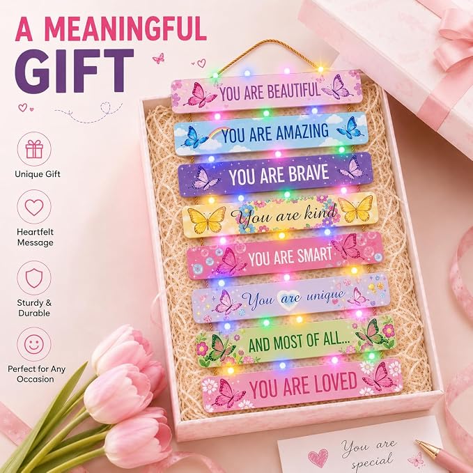 Cute Butterfly Room Decor Set of 8 with Led Light for Teen Girls Kids Toddler, Pink Inspirational Butterfly Wood Nursery Wall Decor for Bedroom, Dreamy Cozy Chic Motivational Princess Room Decor