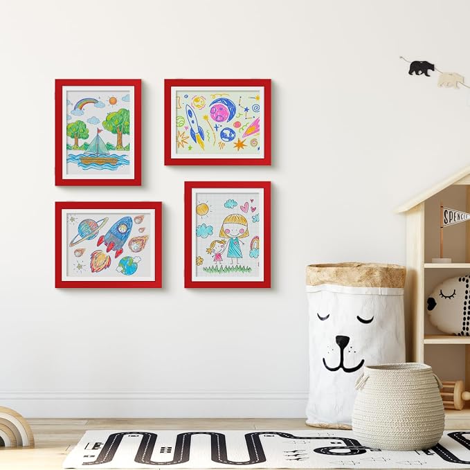 Kids Art Frames 8.5x11 Set of 2 - Front Opening Childrens Picture Frame Changeable, Wood Artwork Display Storage for Wall Mount, Magnetic Door Holds 50 Art Pieces for Drawings, 3D Picture, Crafts, Portfolio, Red