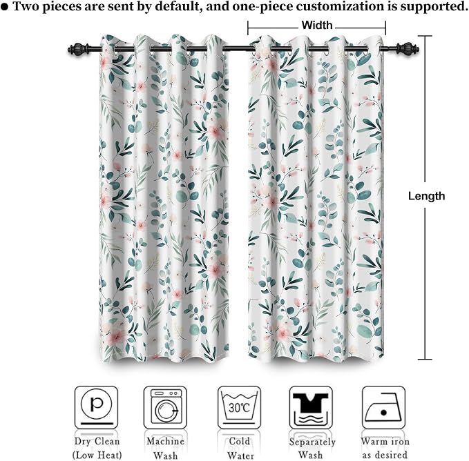 Renaiss Leaf Curtains Green Leaves Print Blackout Window Curtains for Bedroom Botanical Plants Grommet Top Room Darkening Window Drapes for Living Room 29W x 45L Inch Two Panel Set