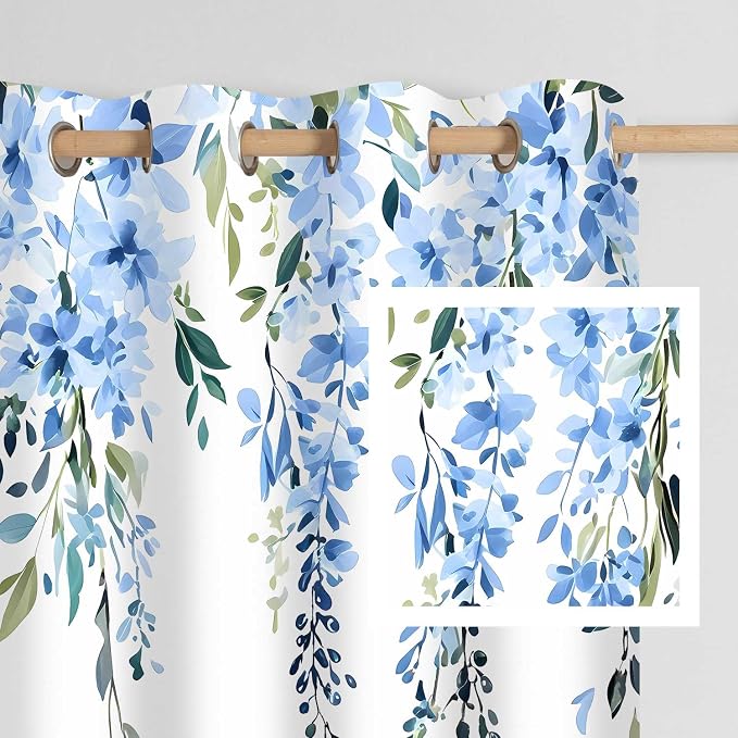 Blue Watercolor Floral Curtains, Botanical Leaves Vine Flowers Curtain, Rustic Farmhouse Flower Leaf Blackout Window Treatment Drapes for Bedroom Living Room 52x72 inch, 2 Panels