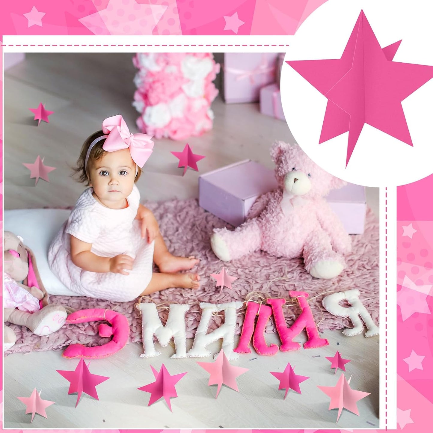 45 Pcs 3D Star Centerpieces Movie Night Decorations for Table in 3 Sizes Hanging Supplies for Red Carpet Film Show Theme Birthday New Year Party First Day of School Table Decor(Pink)