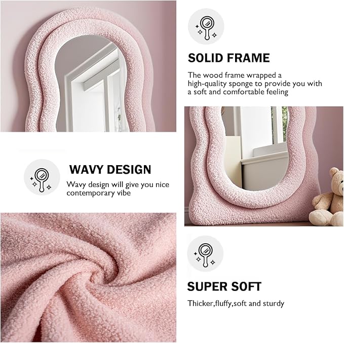 Dewfig Full Length Mirror, 63" x 24" Irregular Wavy Mirror, Large Floor Length Mirrors Wall Mounted, Standing Wavy Mirrors with Teddy Velvet Wrapped Wooden Frame for Bedroom/Living Room, Pink