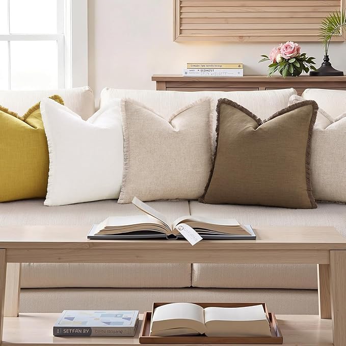 decorUhome Summer Decorative Neutral Linen Fringe Throw Pillow Covers Set of 2 Mustard Yellow Pillow Covers with Tassels Soft Farmhouse Boho Accent Pillow Cases for Couch Bed Sofa 18x18 Inch