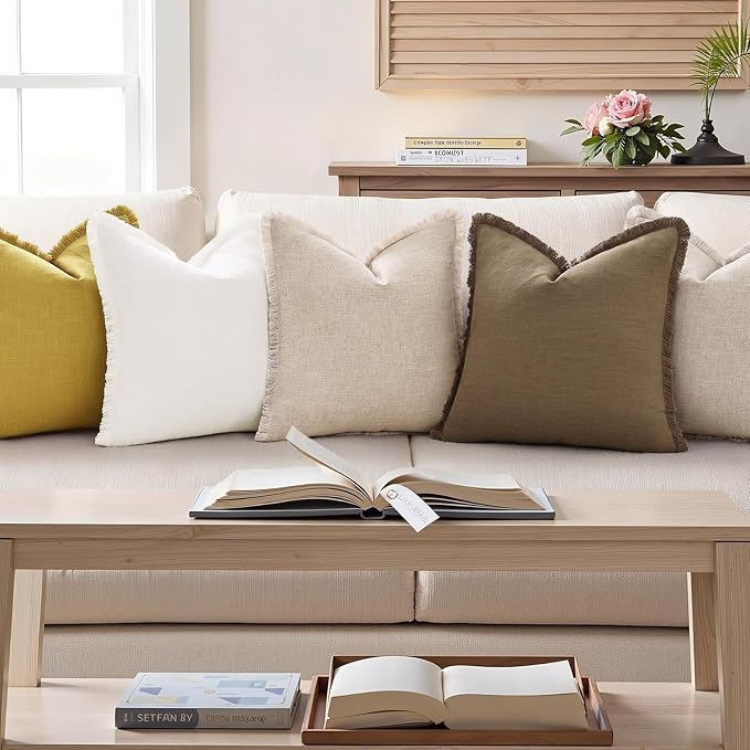 decorUhome Linen Fringe Euro Sham Throw Pillow Covers Set of 2 Decorative Mustard Yellow Pillow Covers with Tassels Soft Accent Boho Farmhouse Pillow Cases for Couch Bed Sofa 22x22 Inch