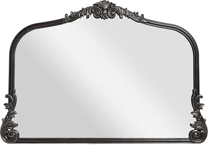 Wylde Iris English Estate Carved Arch Wood Wall Mirror, Mirror for Entryway, Living Room, Bathroom, Distressed Black, 26x37