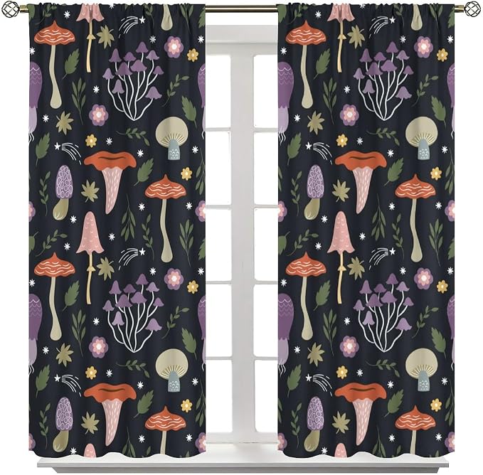 Mushroom Curtains,Colorful Plant Forest Botanical Print Window Treatments for Bedroom Living Room Kitchen Cartoon Herbs Floral Window Drapes 2 Panels Set,Total Size 63 x 72 Inch