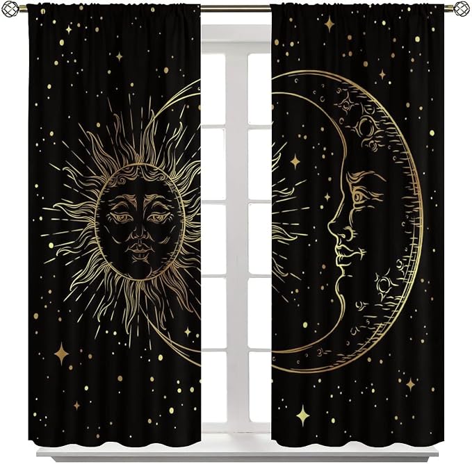 Gold Sun and Moon Blackout Windows Curtains, Fantasy Mandala Bohemian Universe Galaxy Printed Curtains, for Living Room Bedroom 84x84in 2 Panels