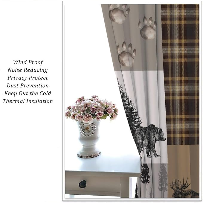 Vintage Animal Blackout Curtains for Kitchen Country Farmhouse Brown Patchwork Plaid Forest Cabin Hunting Deer Bear Animals Windows Treatments for Bedroom Living Room 42x45in