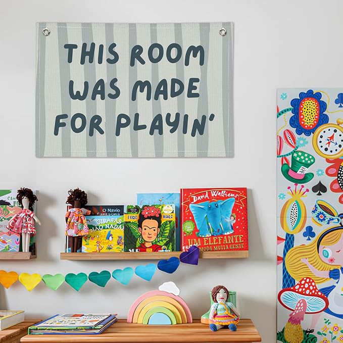 Playroom Decor Wall Banner "This Room Was Made For Playin'" 20x30 Inch - Nursery Canvas Art, Kids Bedroom Hanging, Linen Toddler Play Area Sign, Children's Canvas Flag Decor - Blue
