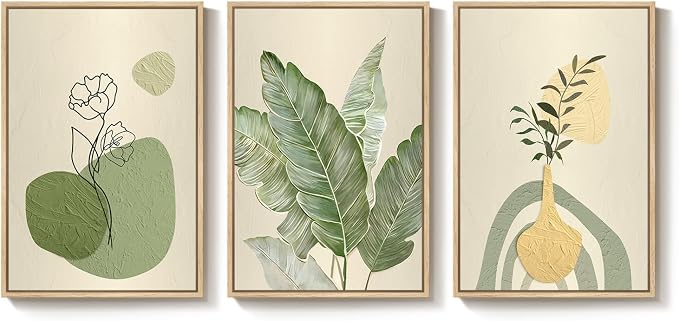 Framed Botanical Modern Wall Art for Living Room, 3 Piece Sage Green Boho Floral Canvas Paintings Prints, Minimalist Neutral Plant Pictures for Bedroom Dining Room Office Wall Decor, 16x24 Inch