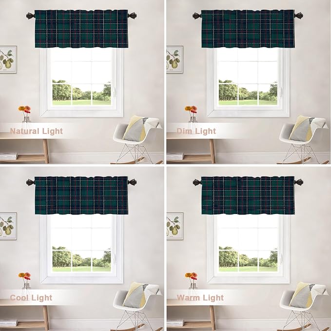 Shrahala Tartan Plaid Kitchen Valances, Green Scottish Fabric Kilt Twill Woven Half Window Curtain Window Treatment Multilayer Polyester Blackout for Living Room Bathroom 2 Pack 52 x 16 in