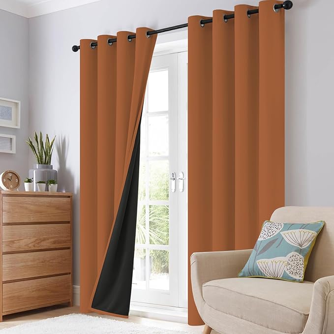 SimpleHome 100% Blackout Curtains for Bedroom,Thermal Insulated Orange Grommet Window Drapes Room Darkening Curtains for Living Room with Black Back,52 x 96 Inch,2 Panels