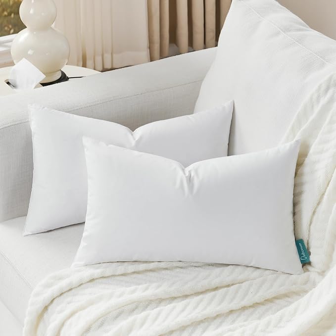 Oubonun 12 x 20 Down Feather Pillow Inserts - Fluffy and Plush Odor-Free Fill - 100% Breathable Cotton Fabric for Couch Sofa Bed, White, Pack of 2