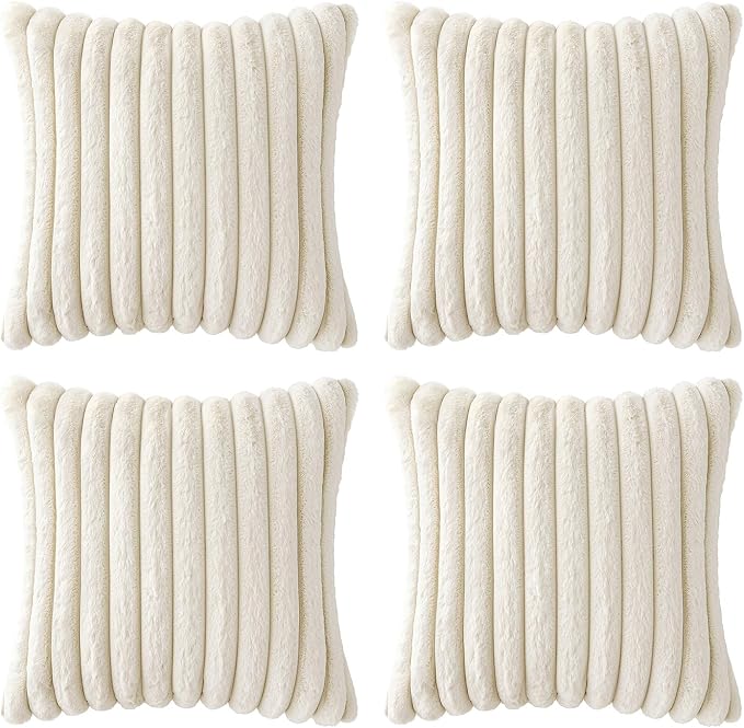 MIULEE Faux Fur Plush Decorative Throw Pillow Covers 18x18 Set of 4, Spring Modern Soft Fuzzy Striped Cushion Covers for Sofa Couch Bed Living Room Cozy Home Decor,Cream White