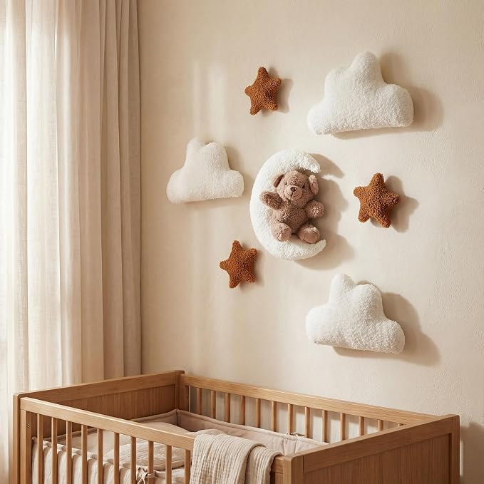 Chumia 7 Pcs Teddy Bear Nursery Wall Decor Boho Nursery Wall Art with Clouds Moon Star Soft Plush Baby Room Decor Gender Neutral for Bedroom Playroom Decoration