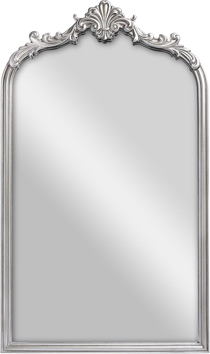 Wylde Iris English Estate Carved Arch Wood Wall Mirror, Mirror for Entryway, Living Room, Bathroom, Antique Silver, 20.4x33