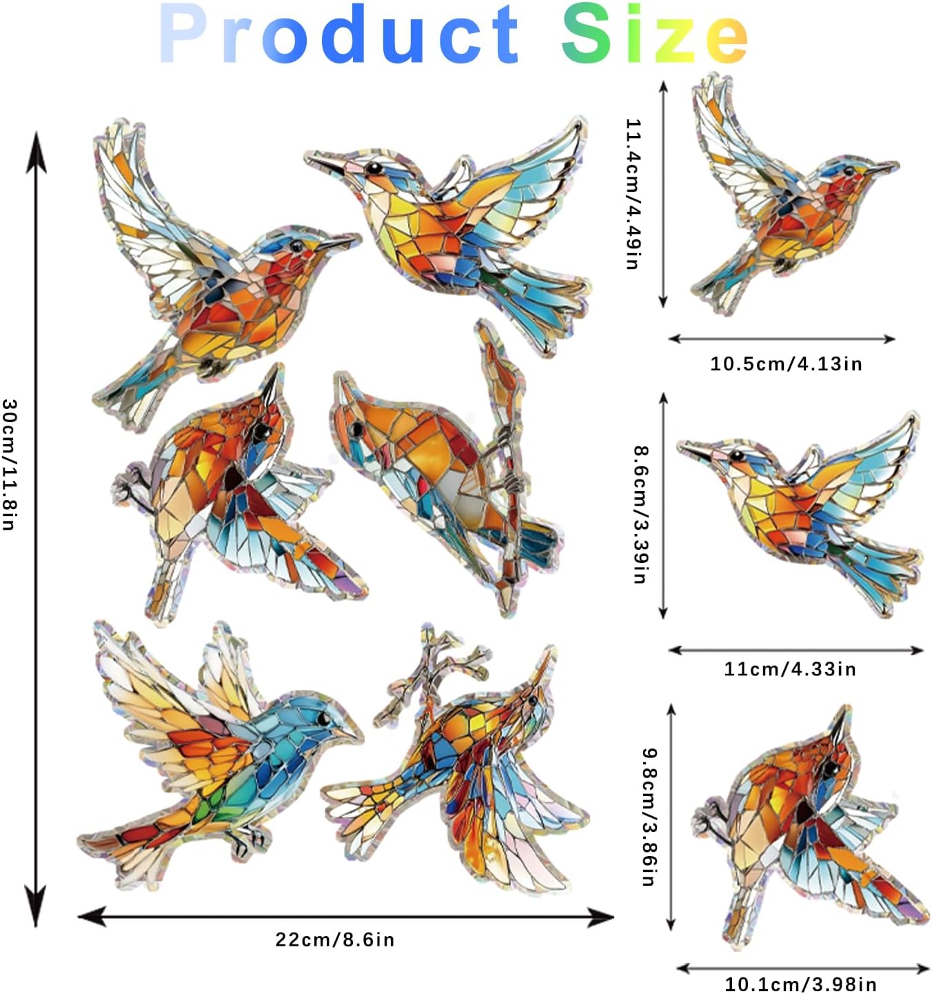 12pcs Window Decals for Bird Strikes, Anti Collision Window Clings, Rainbow Reflection Window Sticker, Hummingbird Style Sun Catcher Stickers for Glass Windows