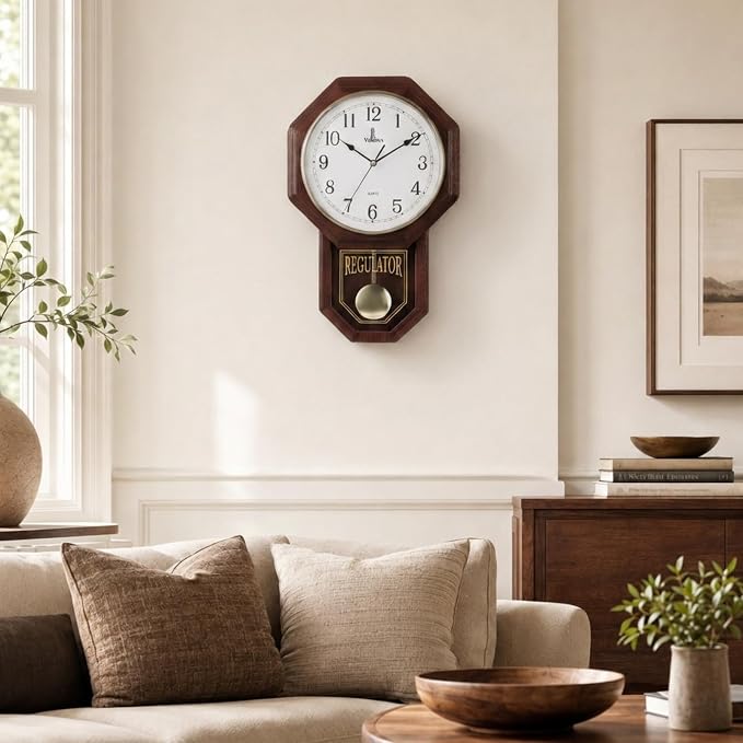 Pendulum Wall Clock - Real Wood Regulator Clock - Schoolhouse Design - Quiet, Non-Chiming, Wooden & Battery Operated - Decorative Wall Decor for Living Room, Home, Office 18x11