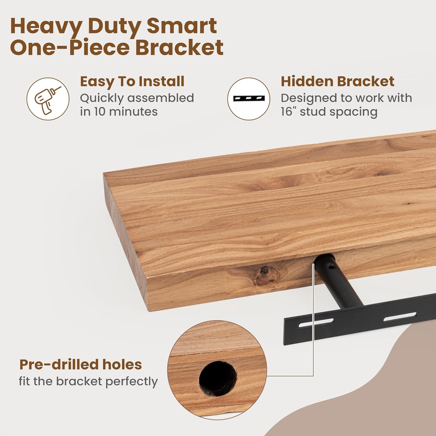 Floating Shelves for Wall Decor, Rustic Solid Elm Wood Floating Shelves Wall Mounted, Wall Shelves with Invisible Bracket for Living Room Bathroom Bedroom Kitchen, 55 Inch, Natural