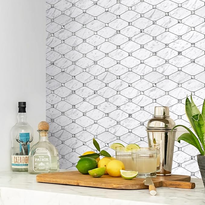 STICKGOO 10 Sheets Peel and Stick Backsplash, Carrara White Stick on Mosaic Tiles for Kitchen Wall Decor, PVC Mixed Glass Self Adhesive Peel and Stick Tile