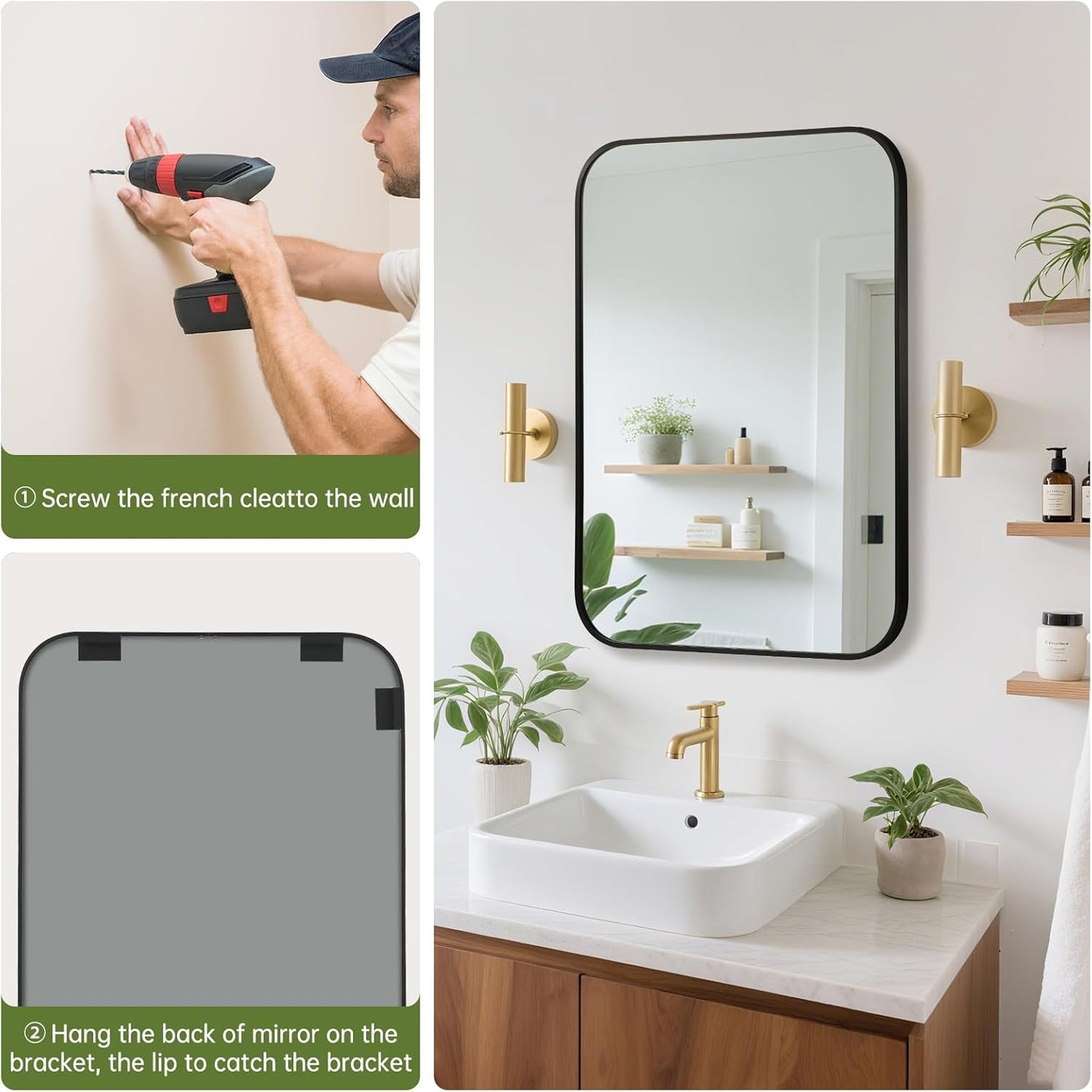 FARMER 24x32 Inch Black Bathroom Mirror, Rectangle Vanity Mirror, Brushed Mirrors for Wall, Metal Frame Hanging Mirror with Round Corner for Bedrooms, Entryways, Living Rooms, Horizontal/Vertical