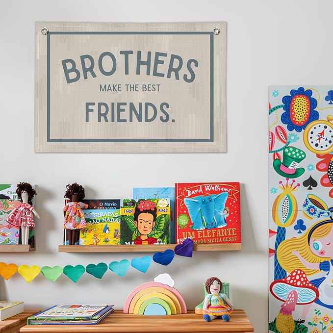 Brothers Make The Best Friends Banner, Boys Room Decor, Toddler Boy Room Decor, Linen Banner Wall Hanging Banner Flag Decor for Nursery Playroom 20x30