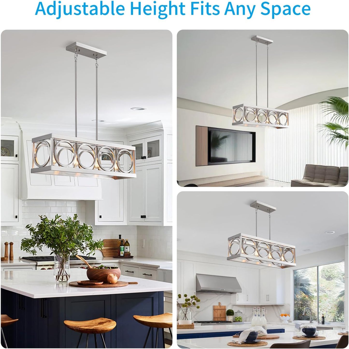 XINGQI Linear Chandelier Brushed Nickel Kitchen Island Light Fixtures 31.5" Rectangle Dining Room Chandeliers, Farmhouse Hanging Large 4-Light Rustic Metal Living Room Office Pendant Lighting