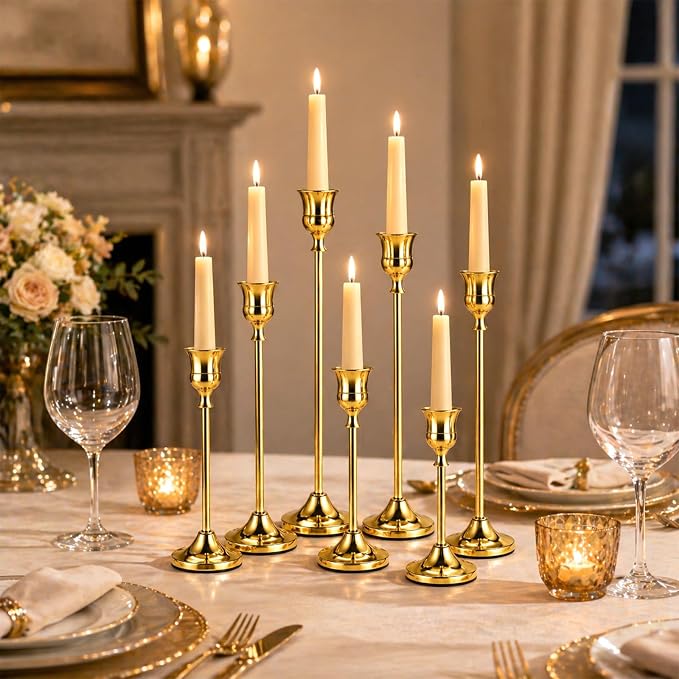 Brass Gold Candle Holders Set of 12, Metal Taper Candlestick Holders in 3 Heights - Vintage Candle Stick Holder Brass Decor - Candle Holder Centerpieces for Wedding Table Home Christmas Decoration