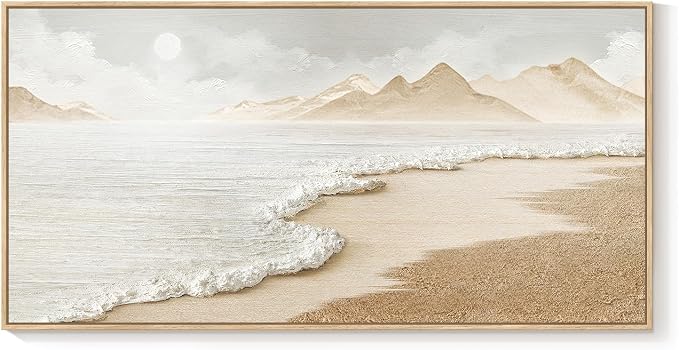 Framed Boho Coastal Beach Wall Art for Living Room, Extra Large Neutral Ocean Canvas Artworks for Walls, Horizontal Abstract Minimalist Coastal Art Print for Bedroom Kitchen Office Walls, 30x60 Inch