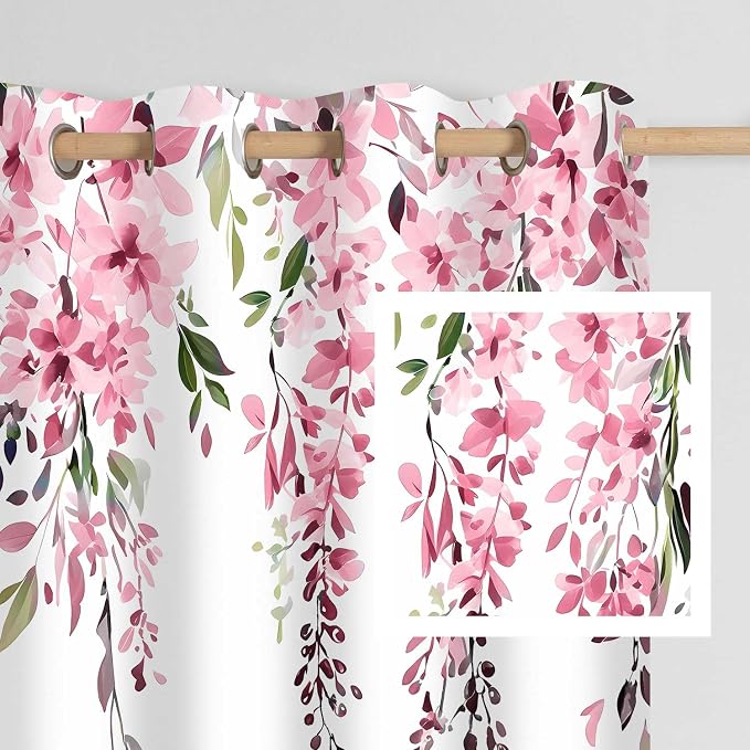Pink Watercolor Floral Curtains, Botanical Leaves Vine Flowers Curtain, Rustic Farmhouse Flower Leaf Blackout Window Treatment Drapes for Bedroom Living Room 52x72 inch, 2 Panels