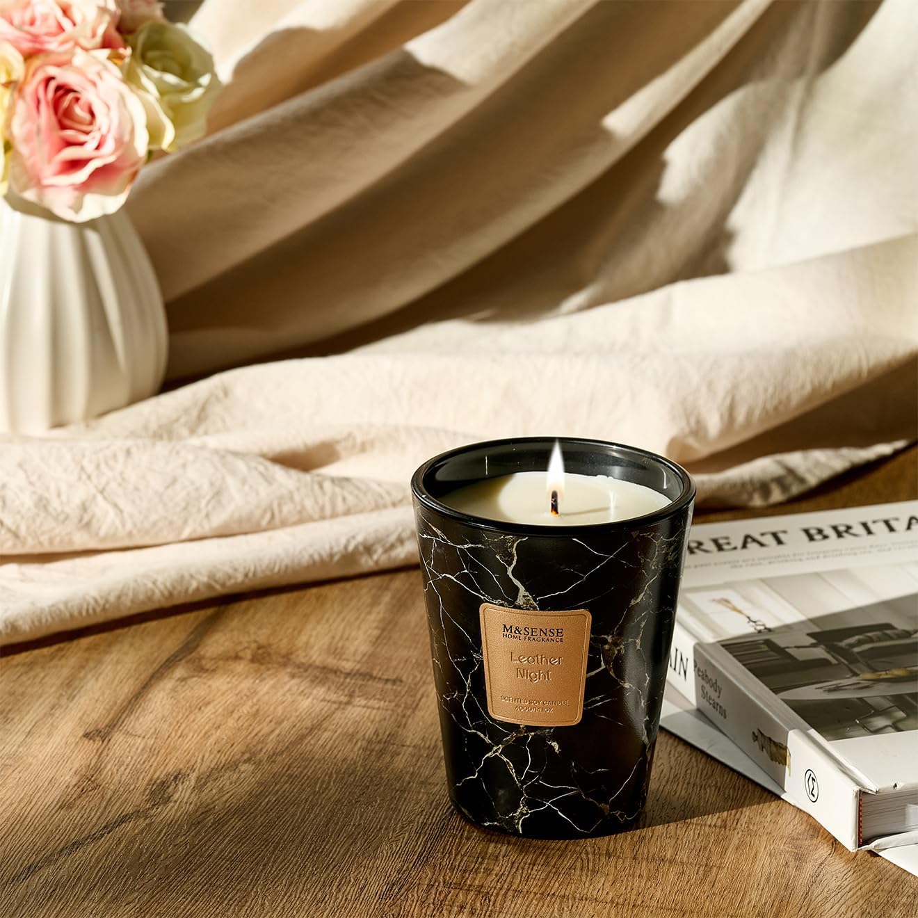 M&SENSE LeatherNight Scented Candles for Home, Lead-Free Wick Highly Scented Jar Candles, 14.1 Oz 80 Hours Lasting Burning Candles Gifts for Women, Relaxing Aromatherapy Candle for Stress Relief